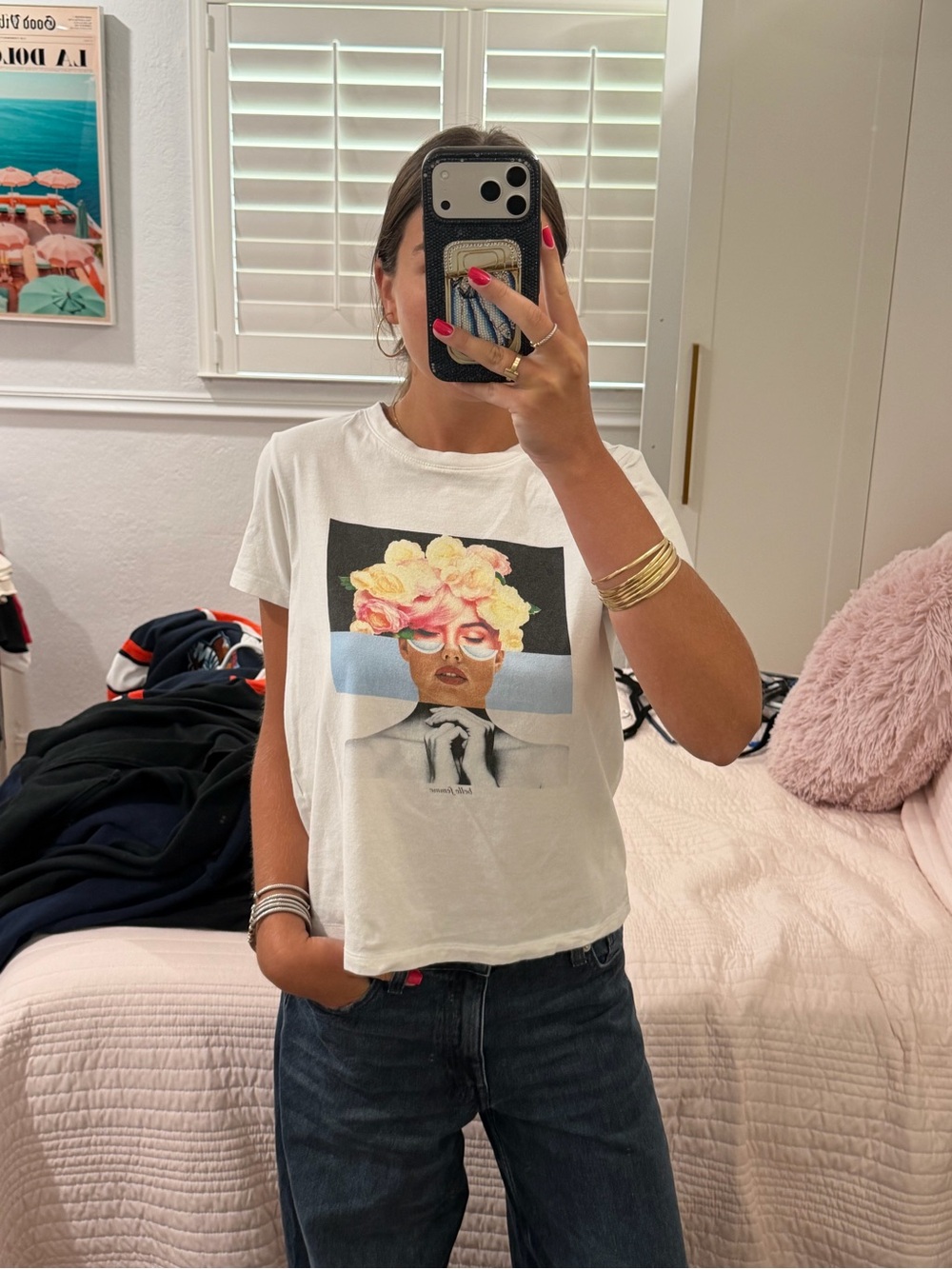 Forever 21 White Short-Sleeve Tee with Floral Portrait Graphic